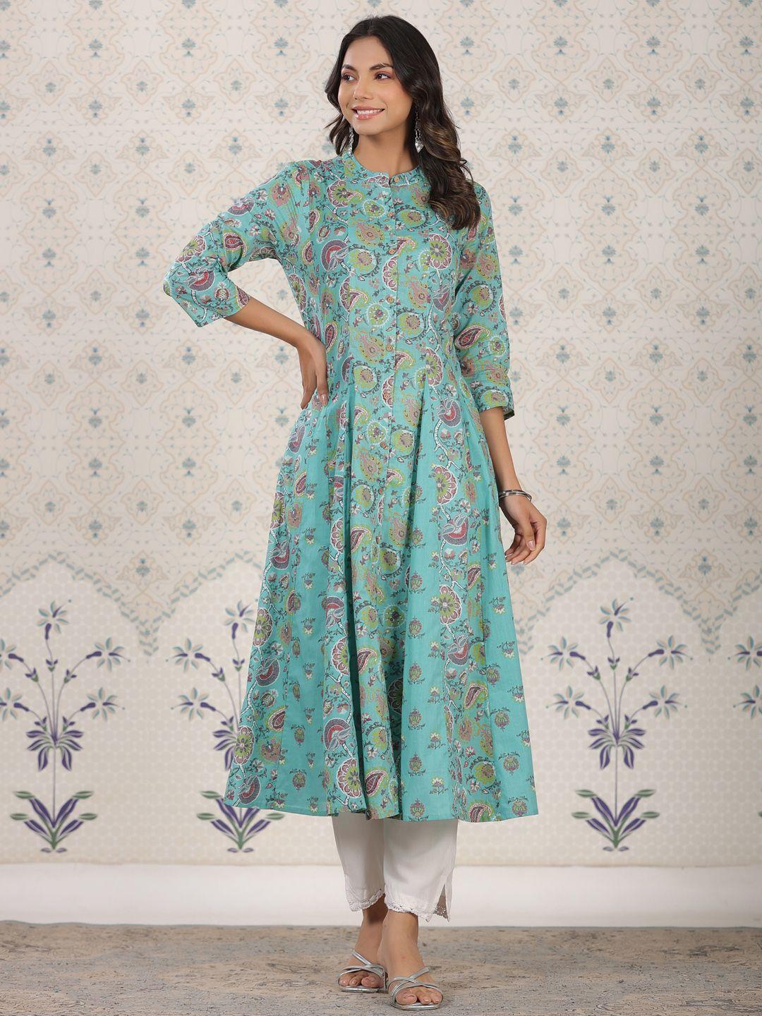 ode by house of pataudi floral printed band collar anarkali pleated pure cotton kurta