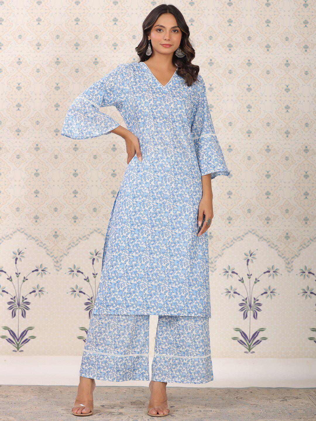 ode by house of pataudi floral printed bell sleeves pure cotton kurta with palazzos