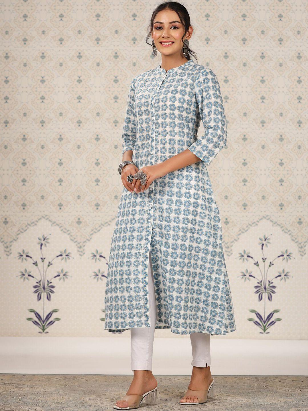 ode by house of pataudi floral printed mandarin collar cotton a-line kurta with front slit