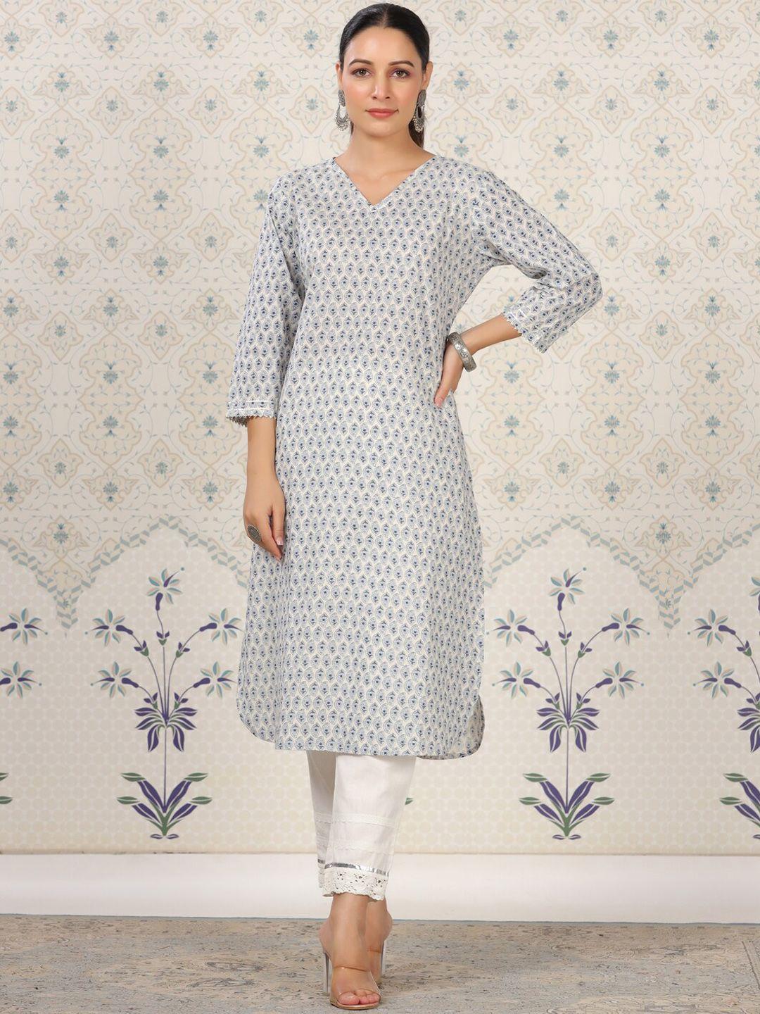 ode by house of pataudi floral printed straight pure cotton kurta
