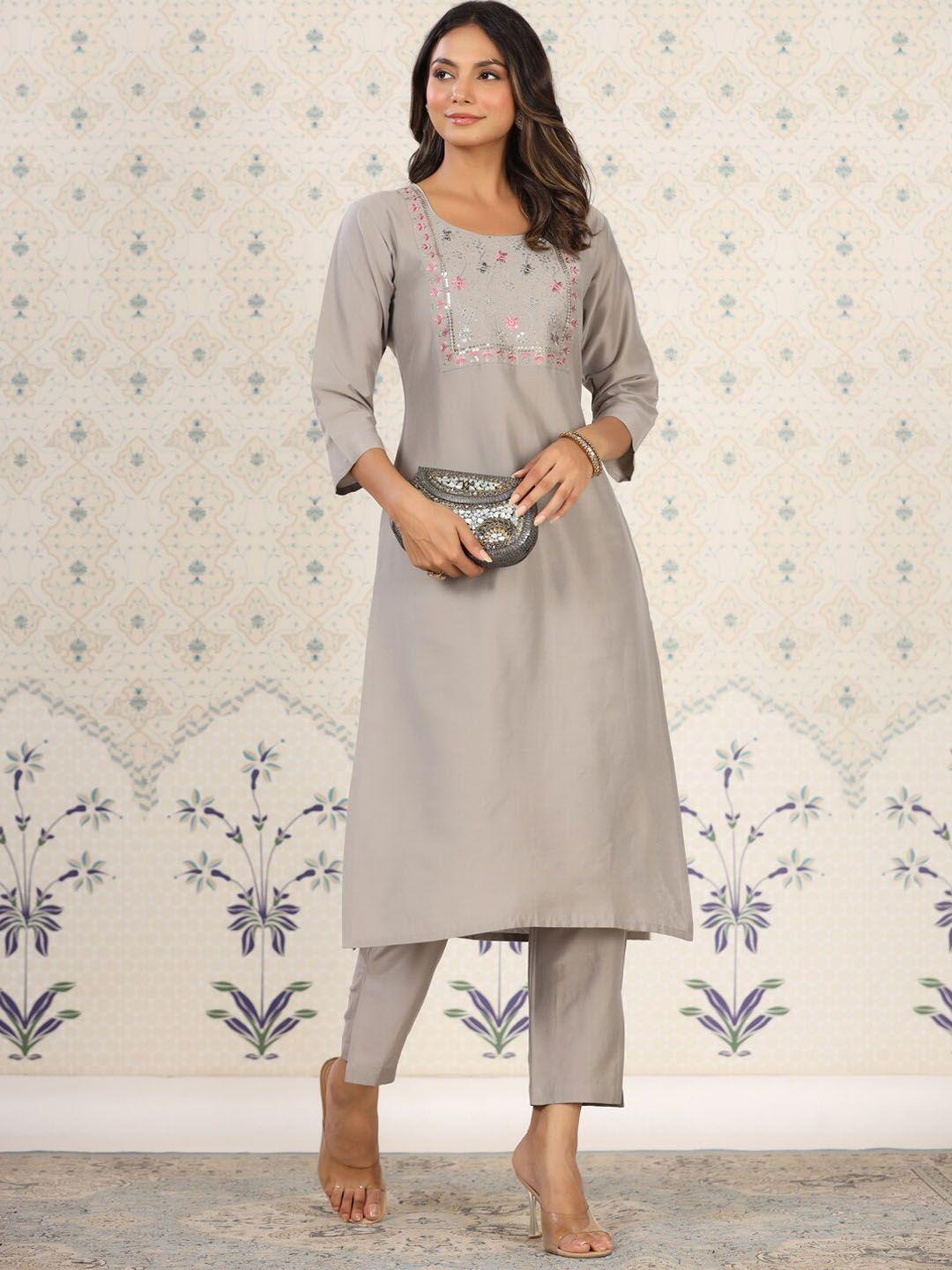 ode by house of pataudi floral yoke design regular sequinned kurta with trousers