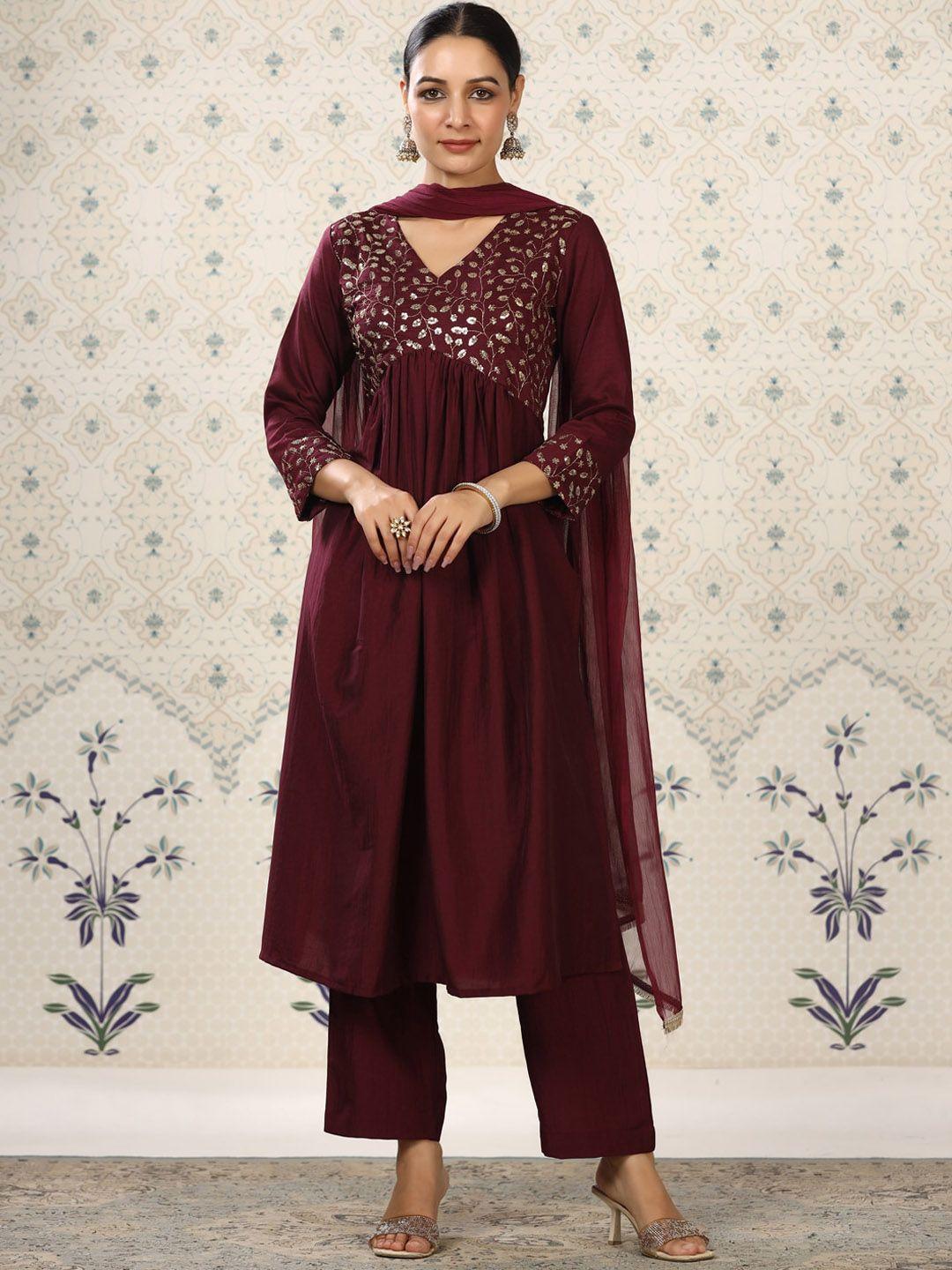 ode by house of pataudi floral yoke design sequinned pleated kurta with trousers & dupatta