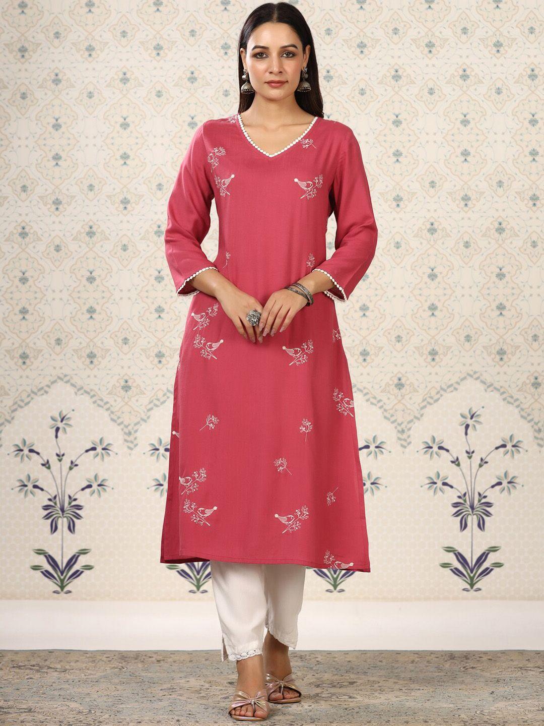 ode by house of pataudi florlal embroidered v-neck straight kurta