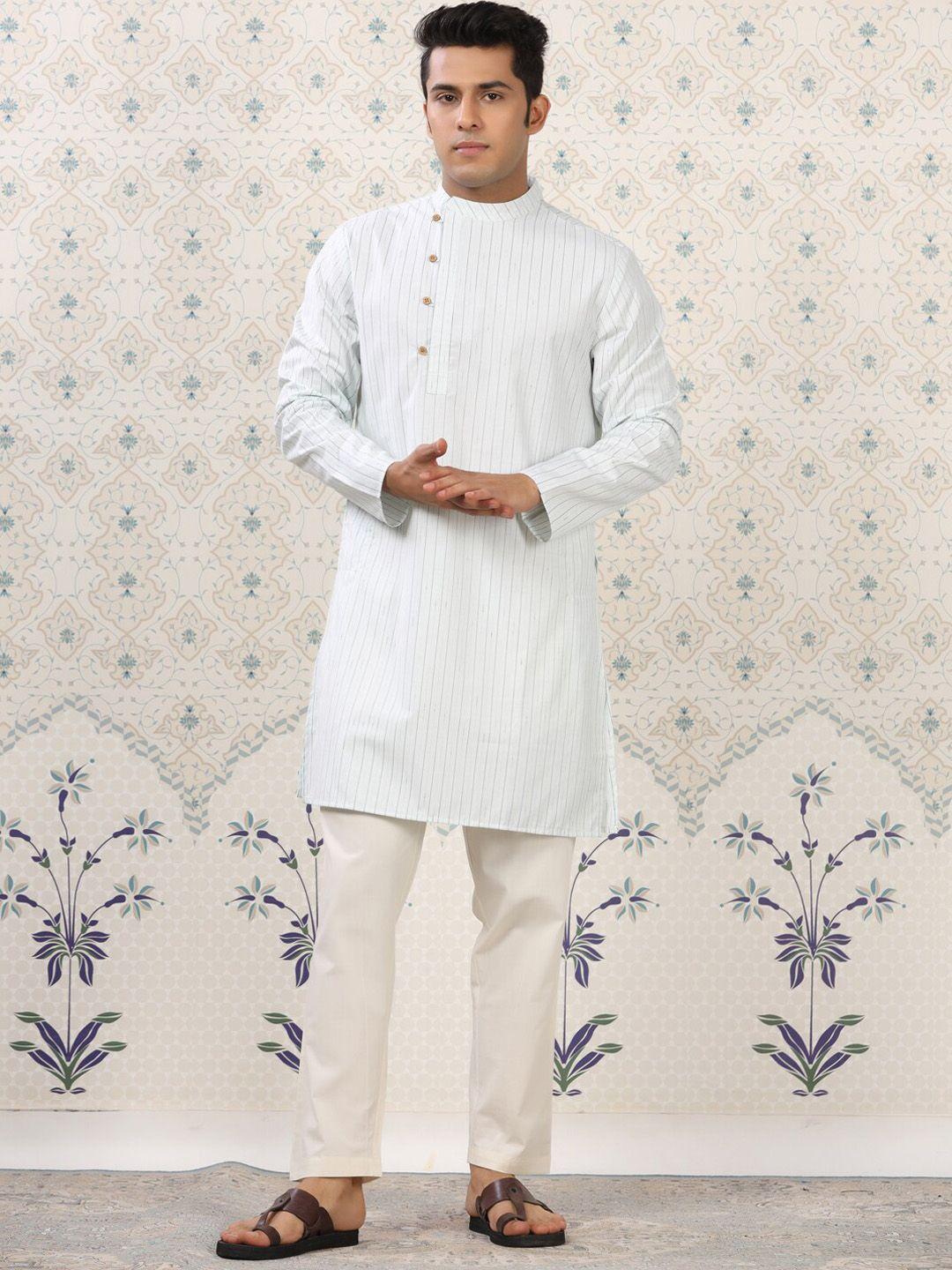ode by house of pataudi green & beige striped kurta with pyjamas