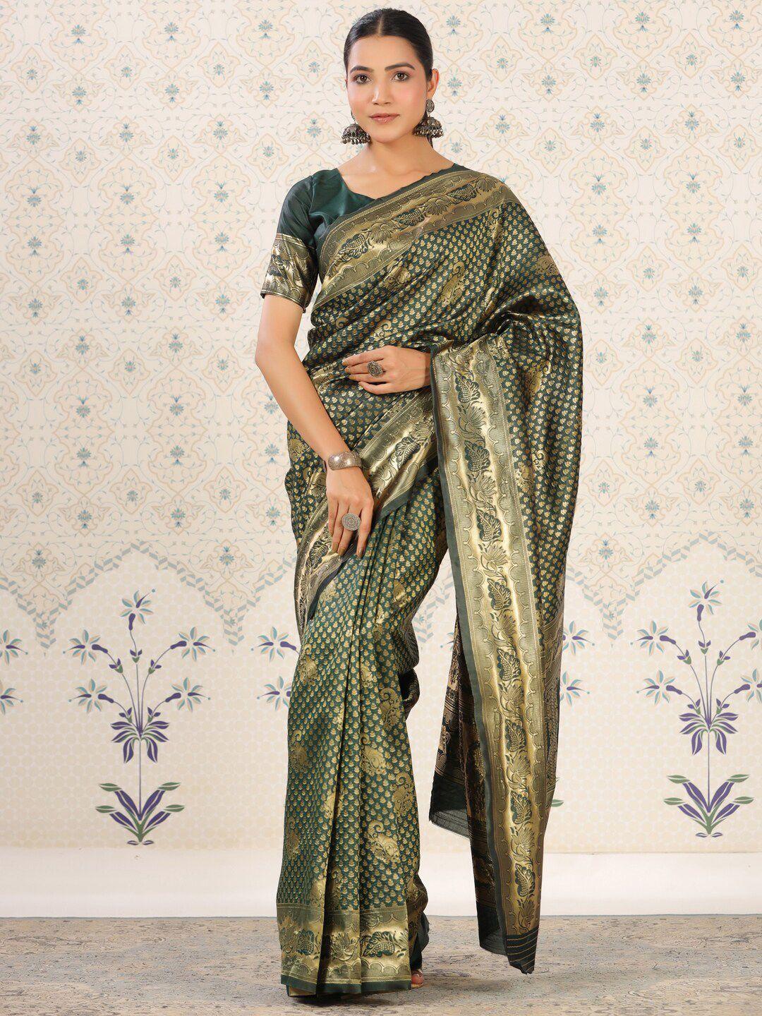 ode by house of pataudi green & gold-toned ethnic motifs woven design zari banarasi saree