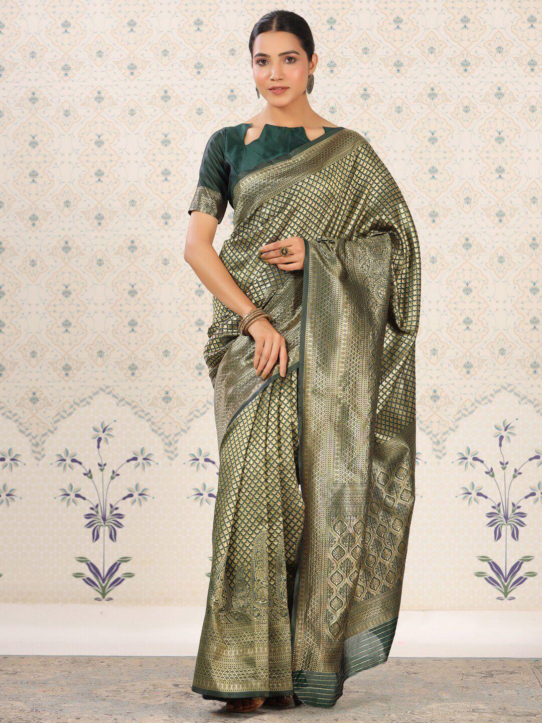 ode by house of pataudi green & gold-toned ethnic motifs woven design zari banarasi saree