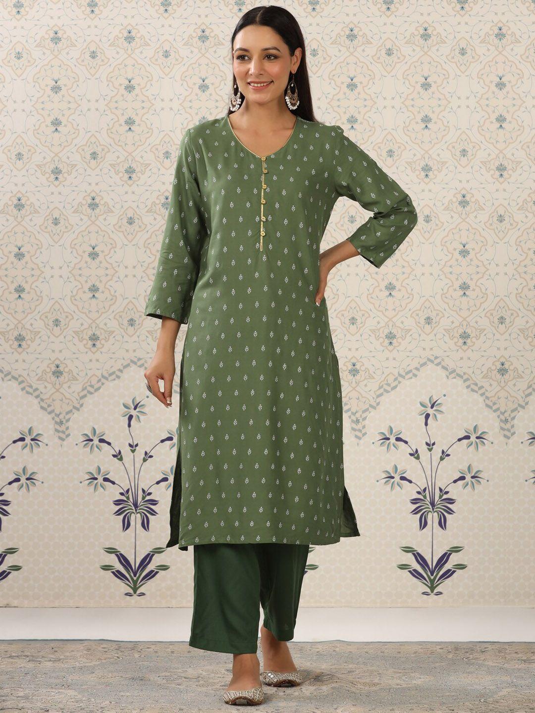 ode by house of pataudi green & white ethnic motifs printed v neck kurta with palazzos