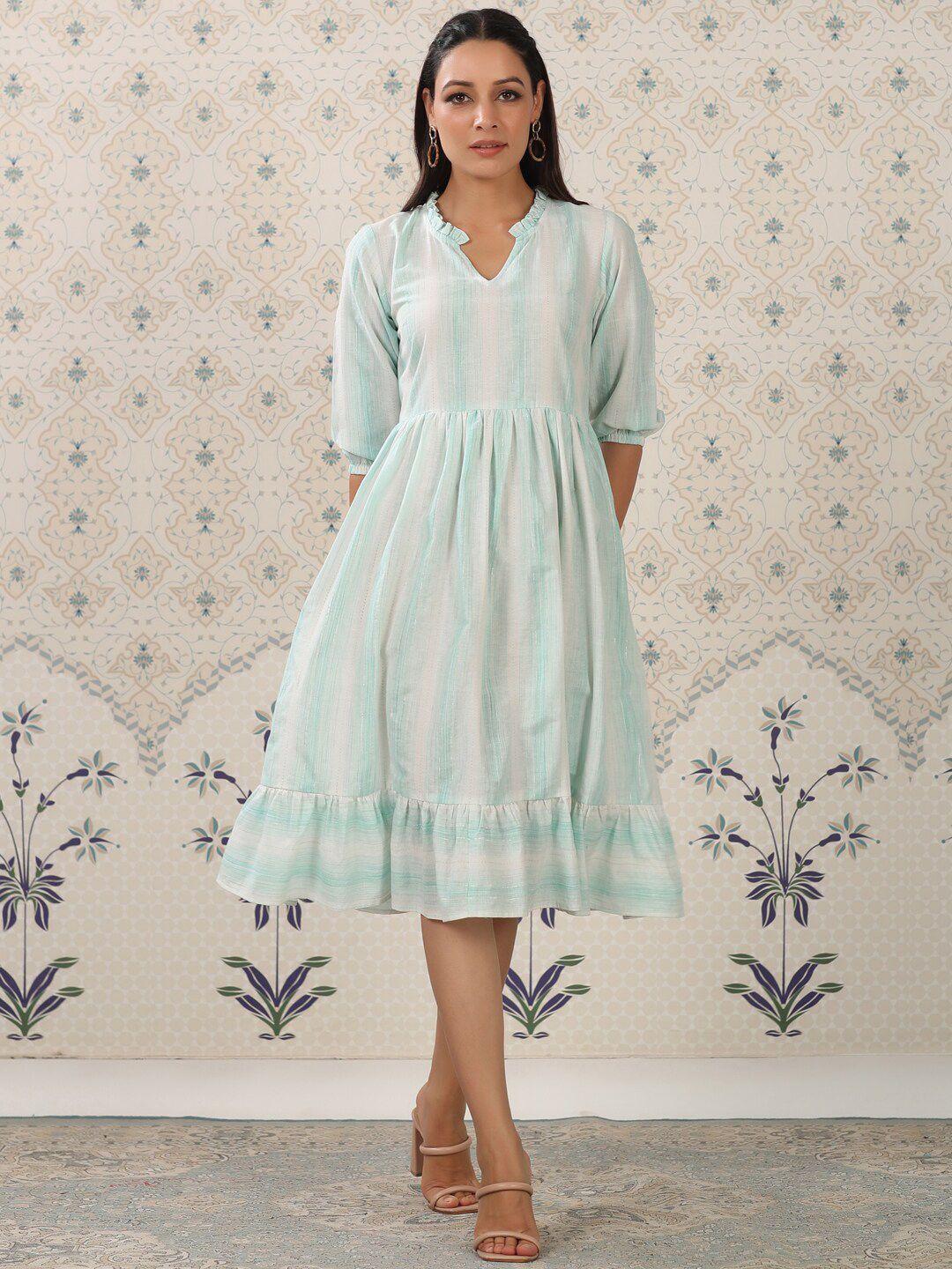 ode by house of pataudi green & white striped cotton a-line dress