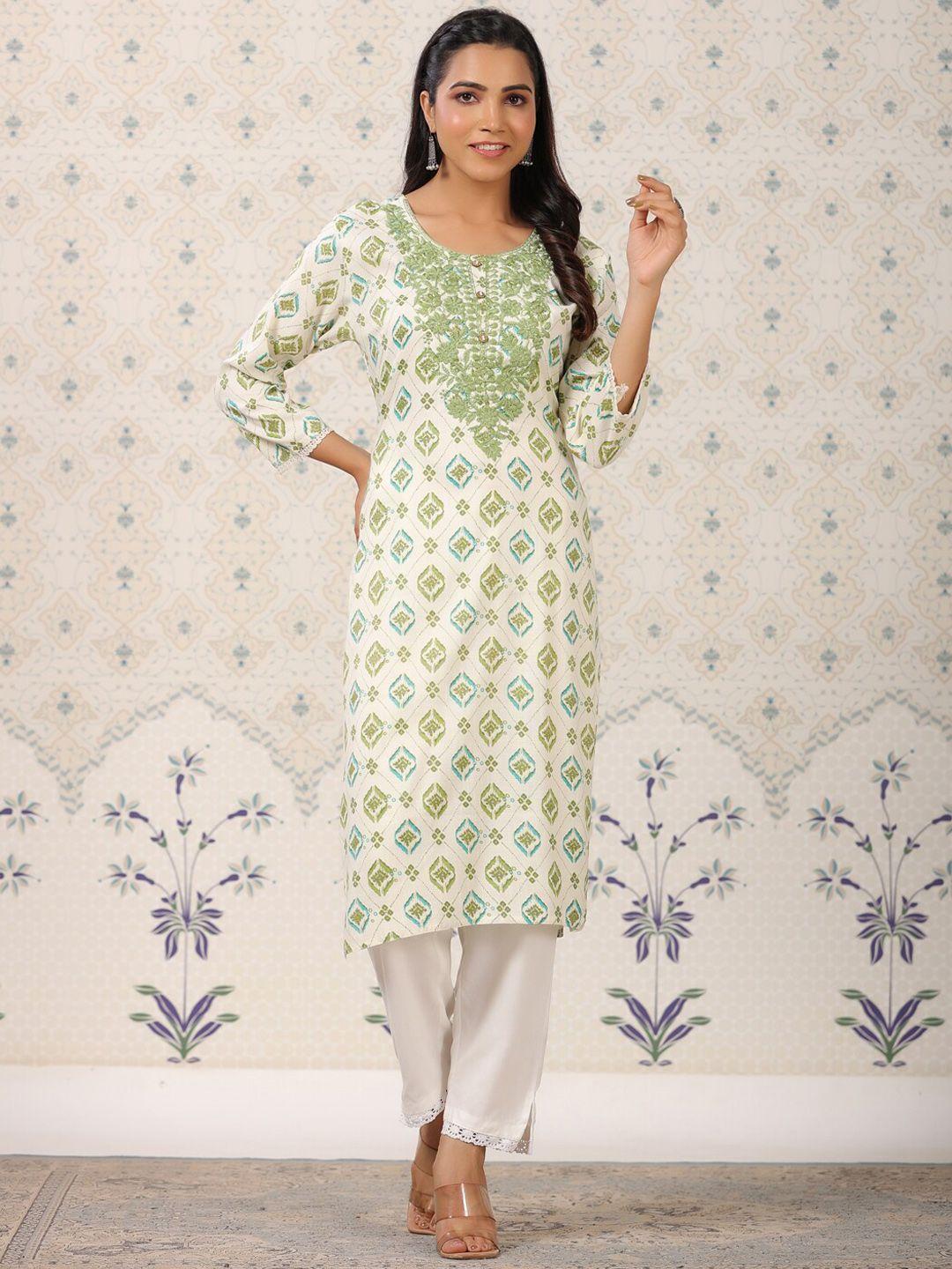 ode by house of pataudi green floral printed round neck regular thread work kurta