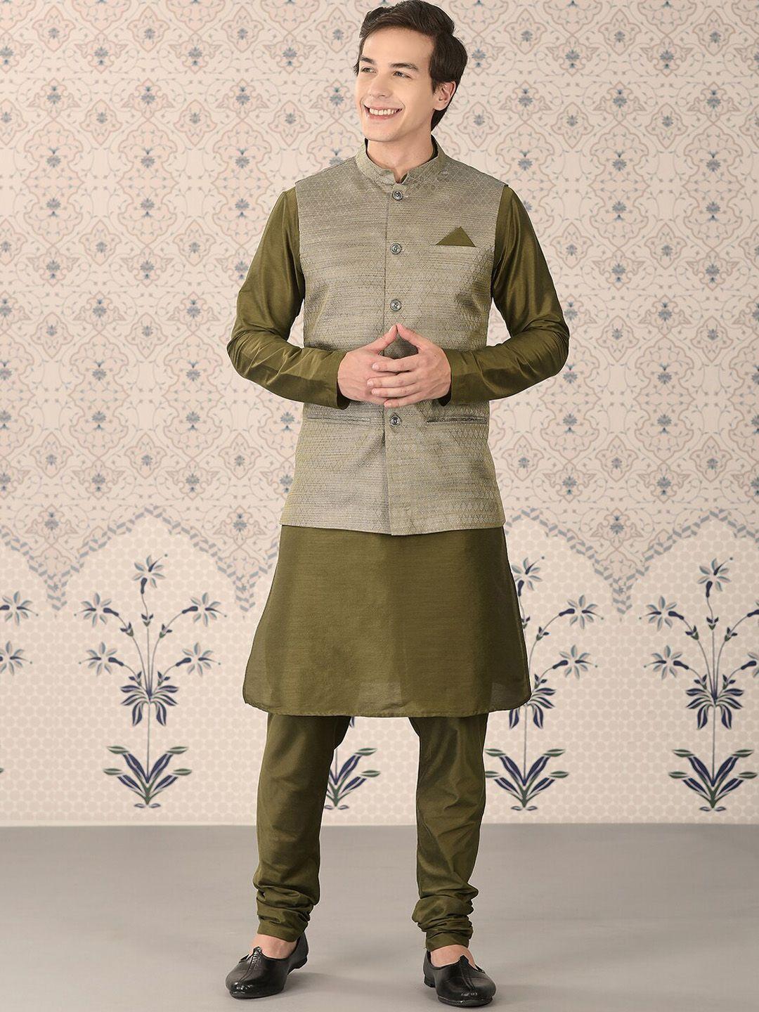 ode by house of pataudi green mandarin collar kurta with churidar & nehru jacket