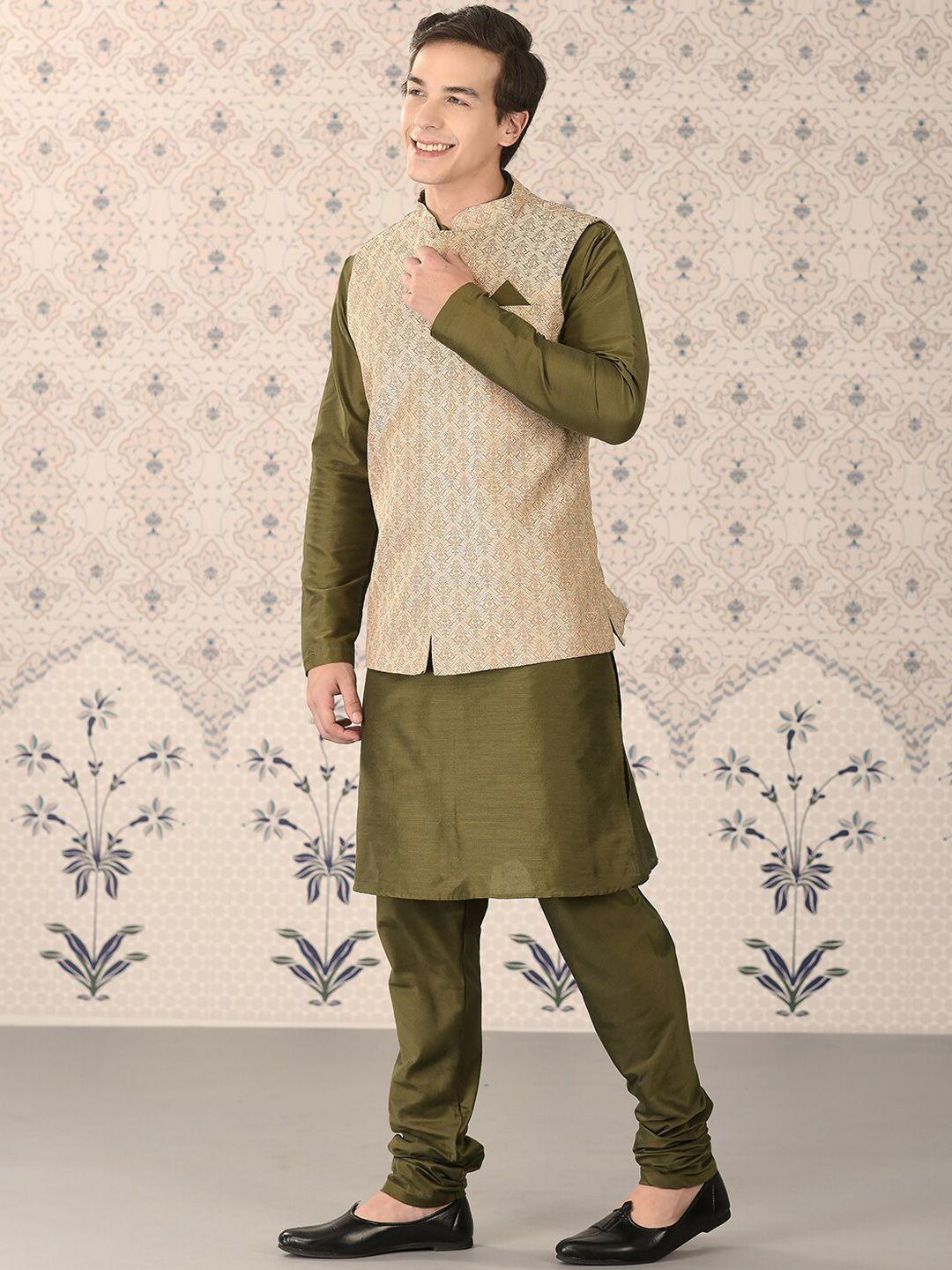 ode by house of pataudi green mandarin collar kurta with churidar & nehru jacket