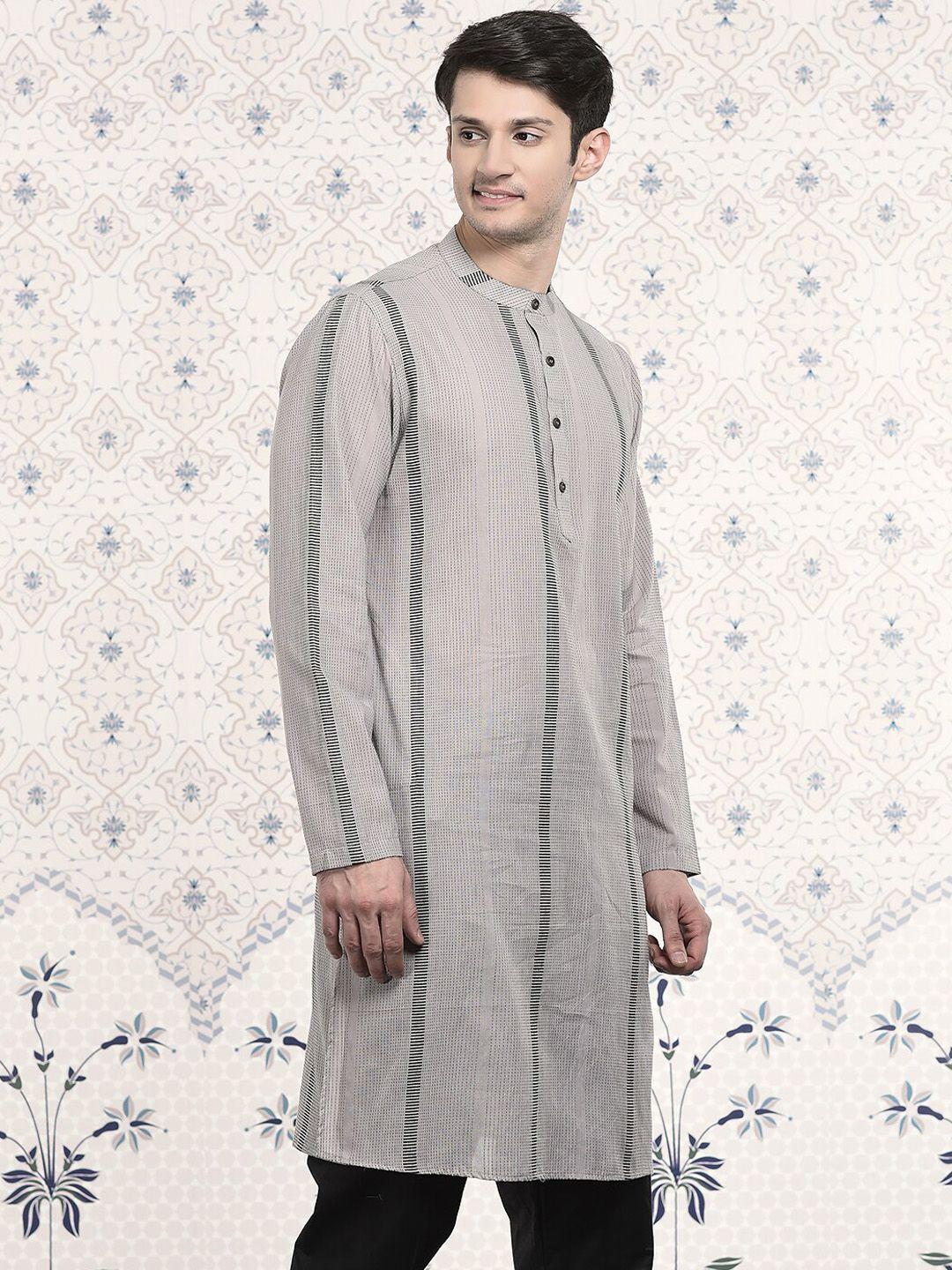 ode by house of pataudi grey & black stripes woven design mandarin collar jacquard kurta