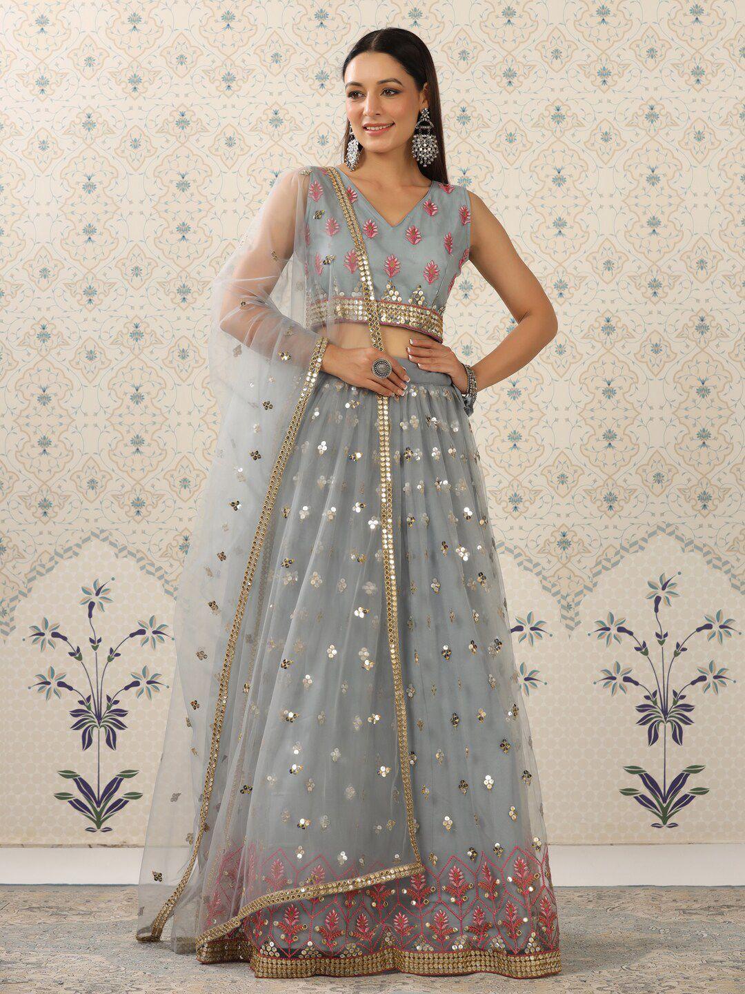 ode by house of pataudi grey & gold-toned embroidered sequinned semi-stitched lehenga & unstitched blouse