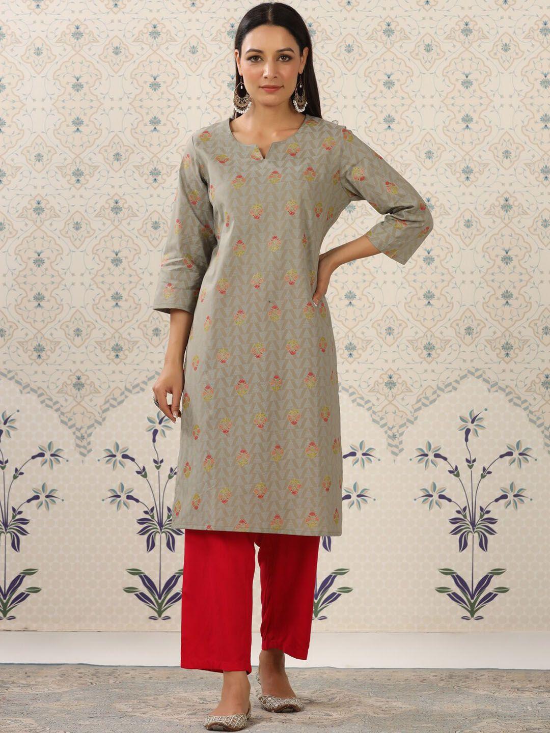ode by house of pataudi grey & red floral printed notched neck kurta with palazzos