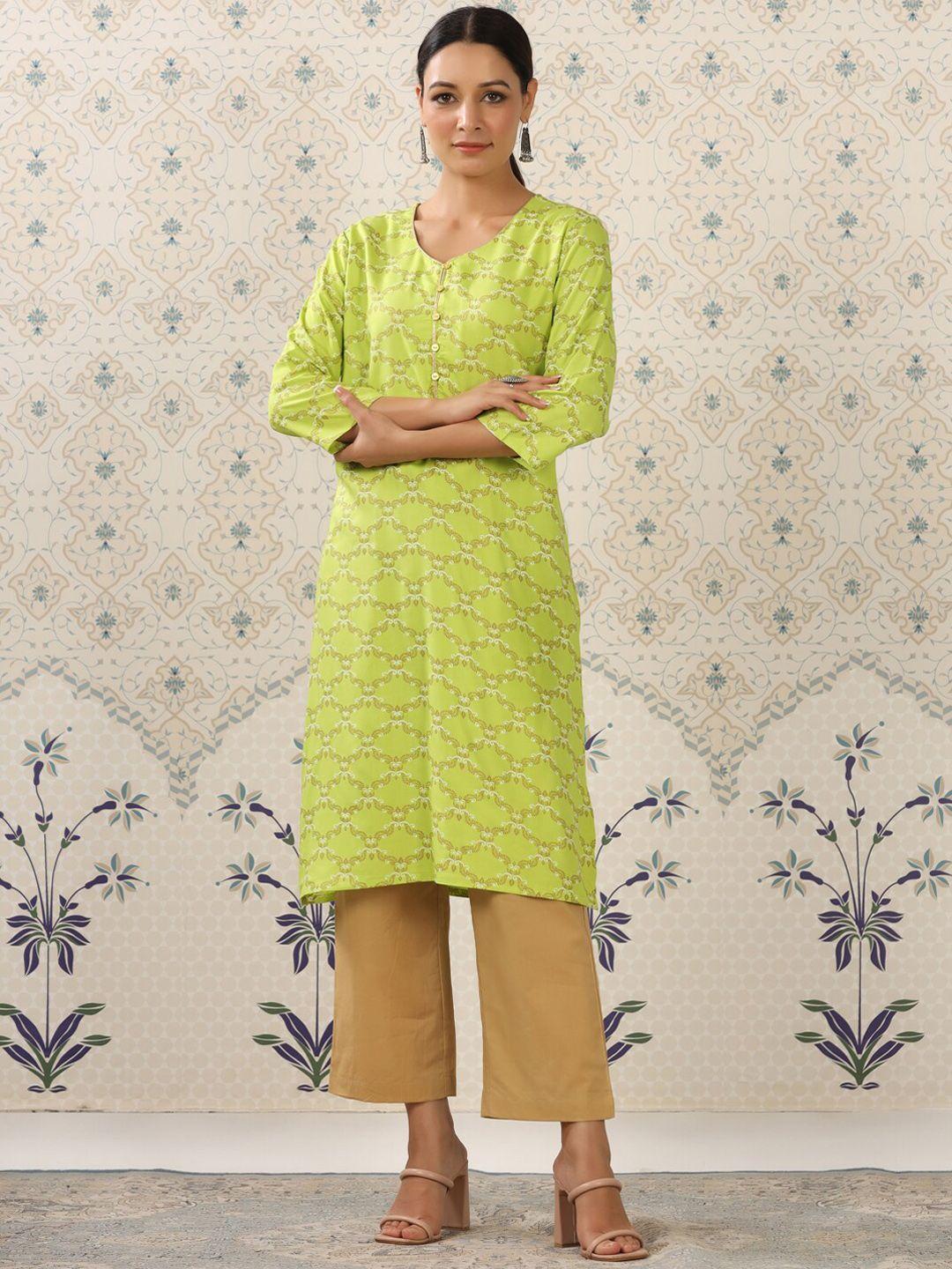 ode by house of pataudi lime green & beige printed v neck kurta with palazzos
