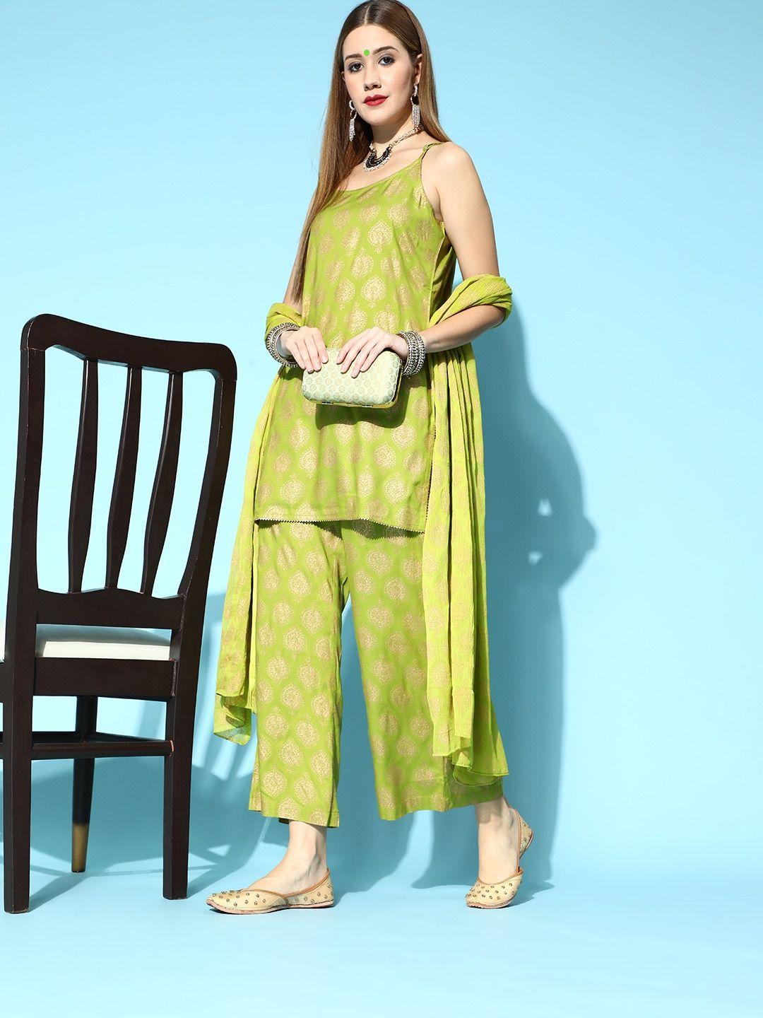 ode by house of pataudi lime green & golden ethnic motif print kurta set