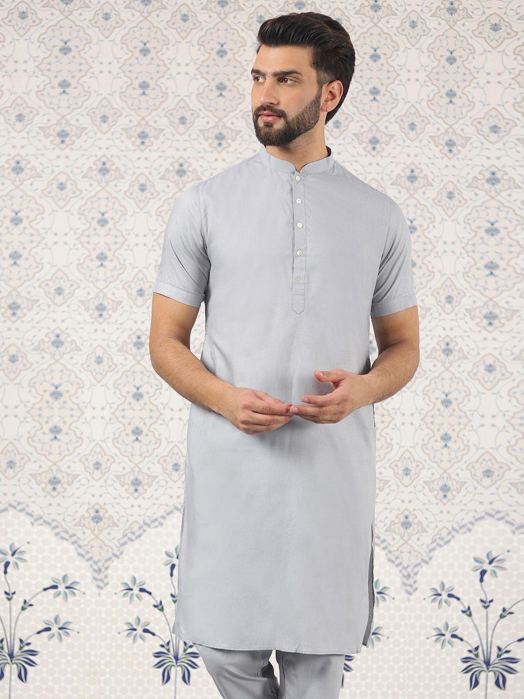 ode by house of pataudi mandarin collar cotton silk straight kurta