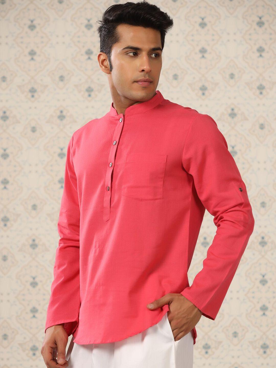 ode by house of pataudi mandarin collar cotton straight regular short kurta