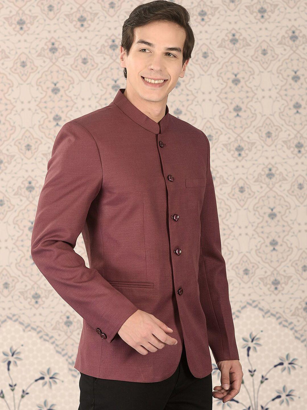 ode by house of pataudi maroon mandarin collar slim-fit bandhgala blazer