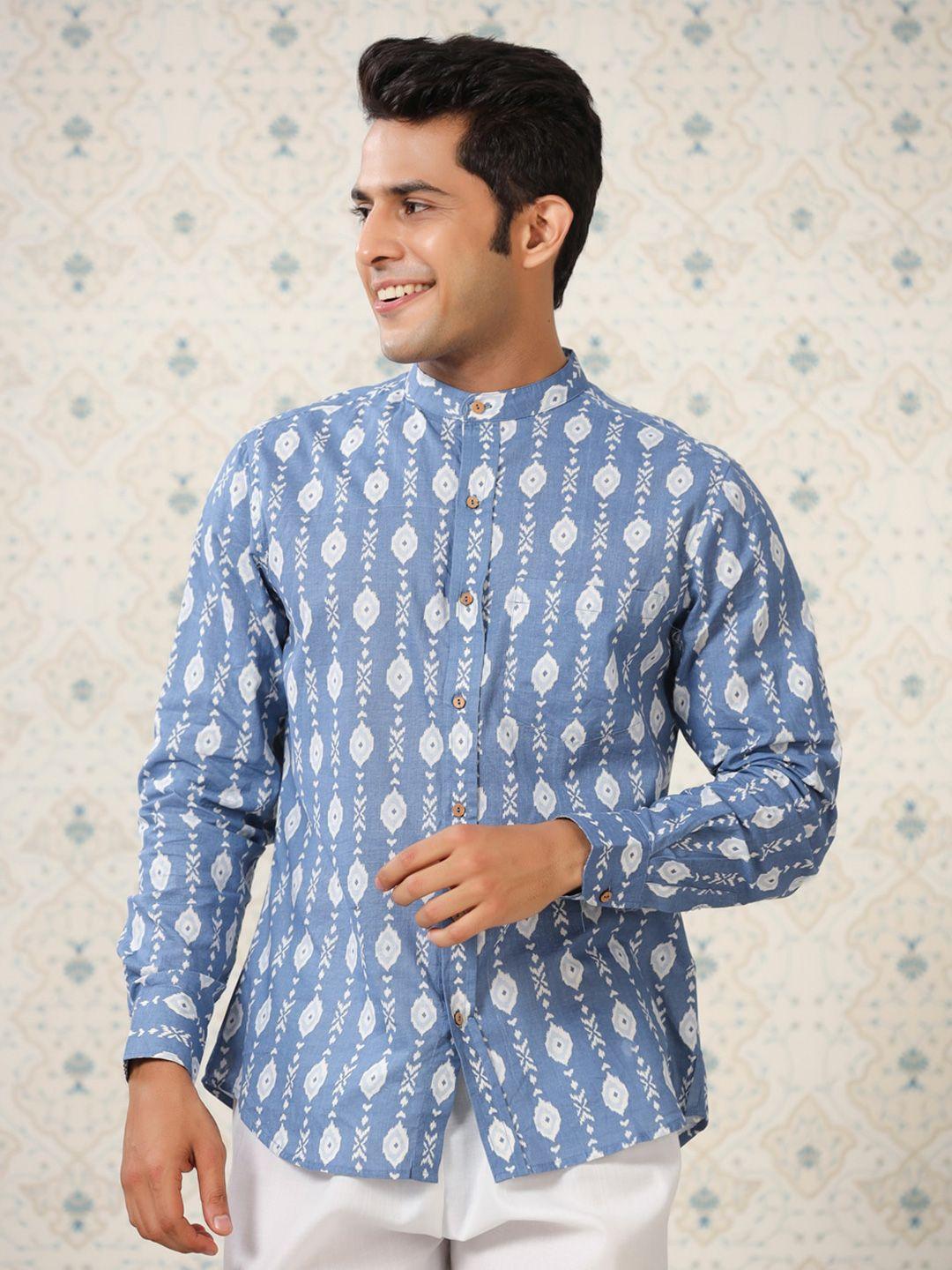 ode by house of pataudi men blue comfort opaque printed casual shirt