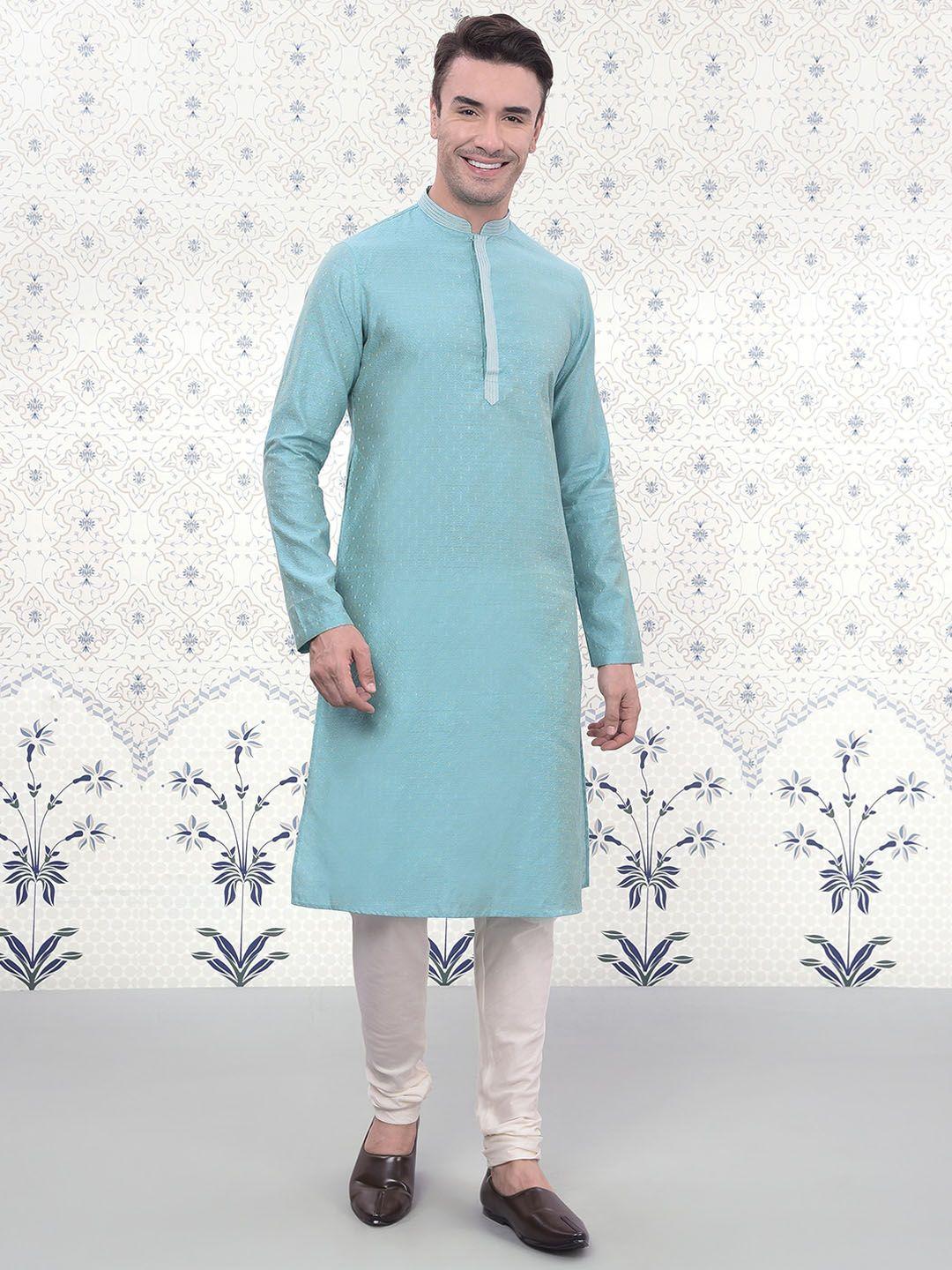 ode by house of pataudi men blue ethnic motifs regular kurta with churidar