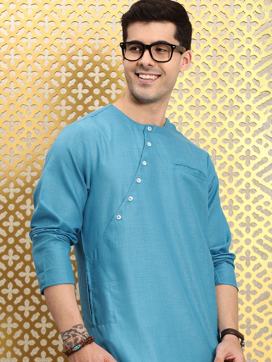 ode by house of pataudi men blue solid angarakha styled kurta