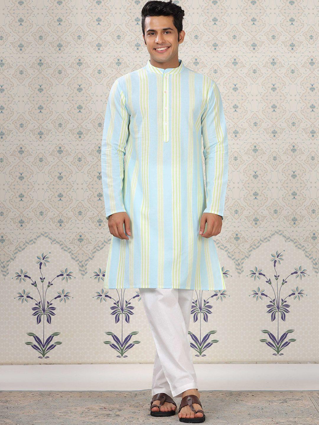 ode by house of pataudi men blue striped regular pure cotton kurta with pyjamas