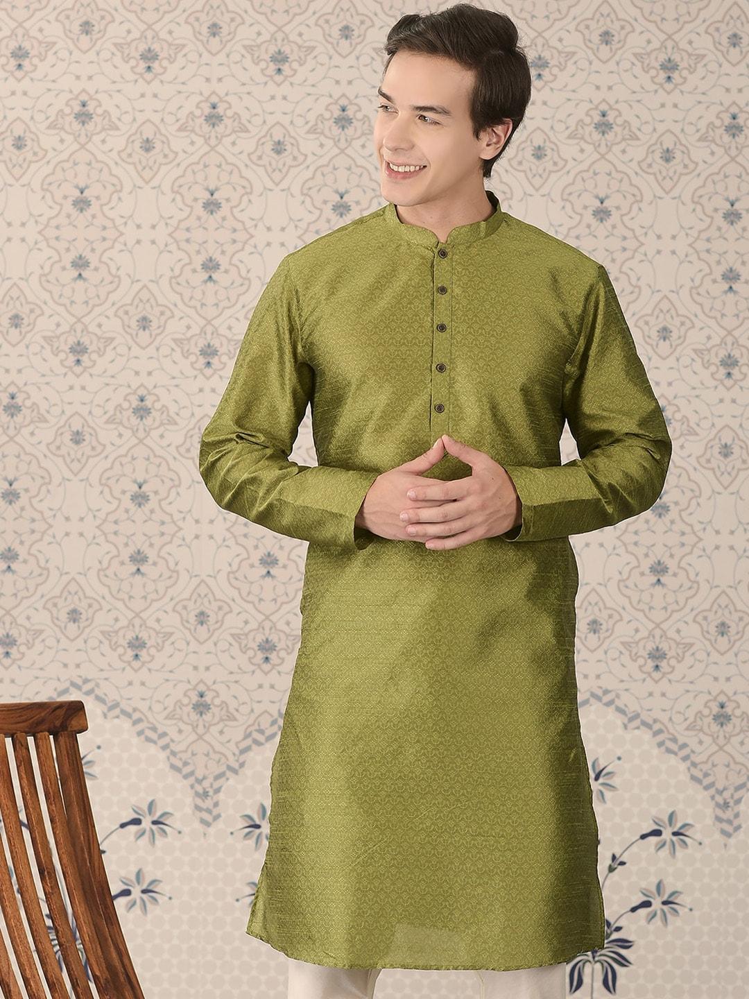 ode by house of pataudi men green mandarin collar woven design straight kurta