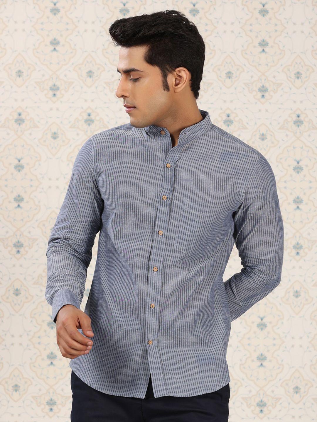 ode by house of pataudi men grey comfort micro checks opaque striped casual shirt