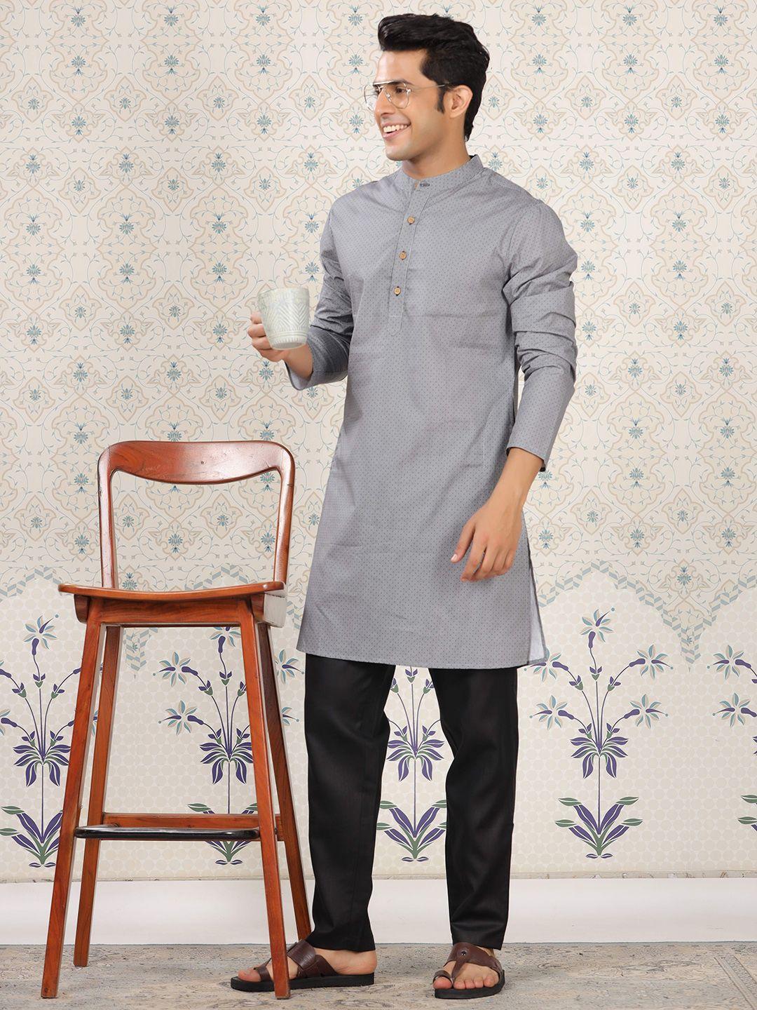 ode by house of pataudi men grey ethnic motifs printed regular pure cotton kurta with pyjamas