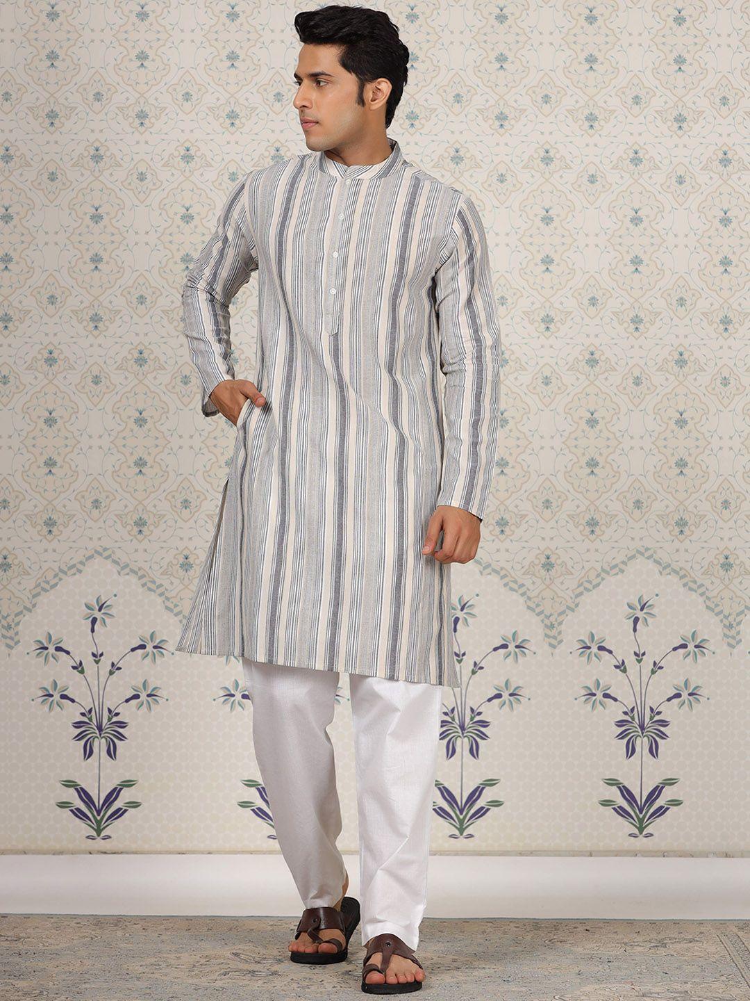 ode by house of pataudi men grey striped regular pure cotton kurta with pyjamas