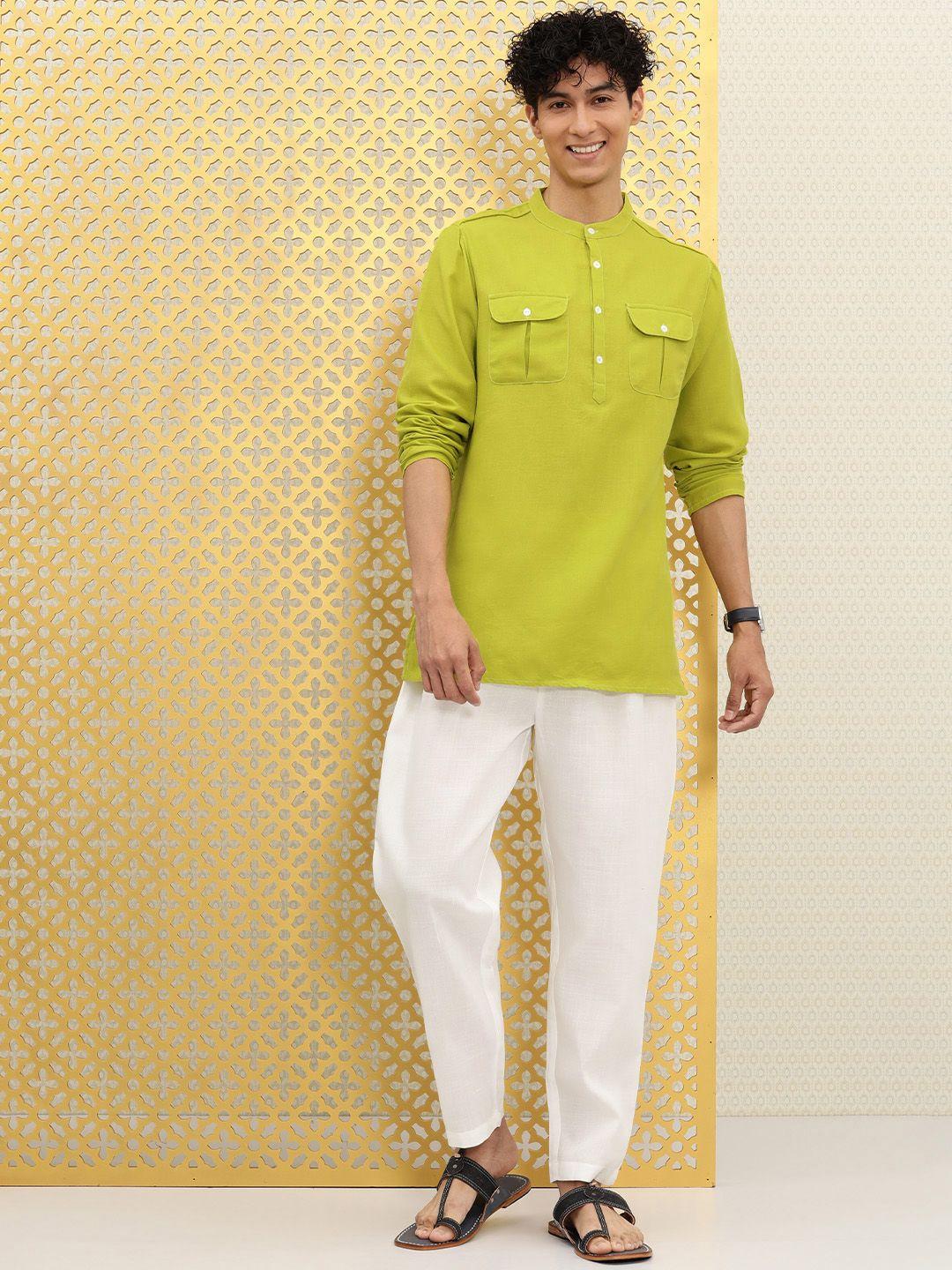 ode by house of pataudi men lime green solid kurta with white solid trousers