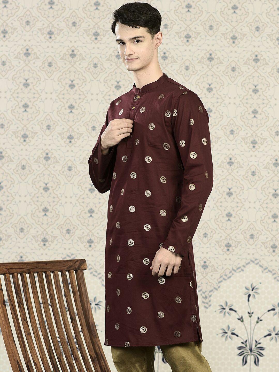 ode by house of pataudi men maroon ethnic motifs printed regular pure cotton kurta with churidar