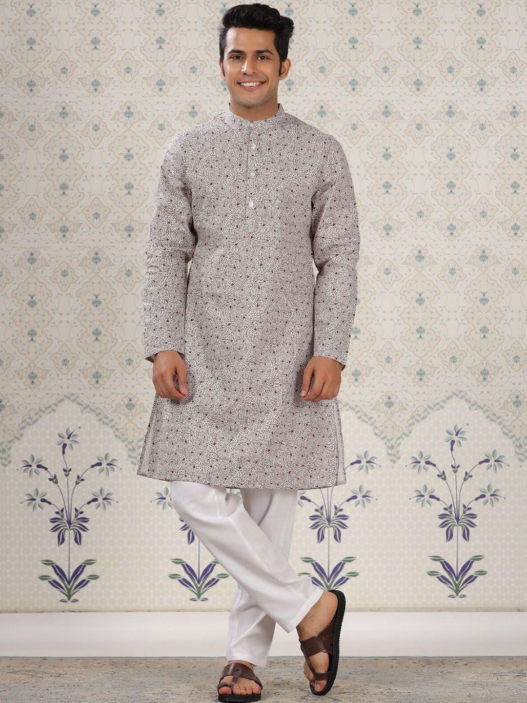 ode by house of pataudi men maroon floral printed regular pure cotton kurta with pyjamas