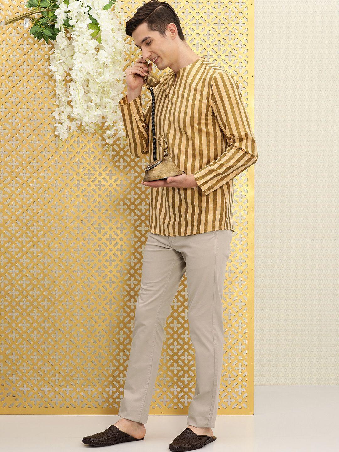 ode by house of pataudi men mustard yellow & beige striped rozana kurta