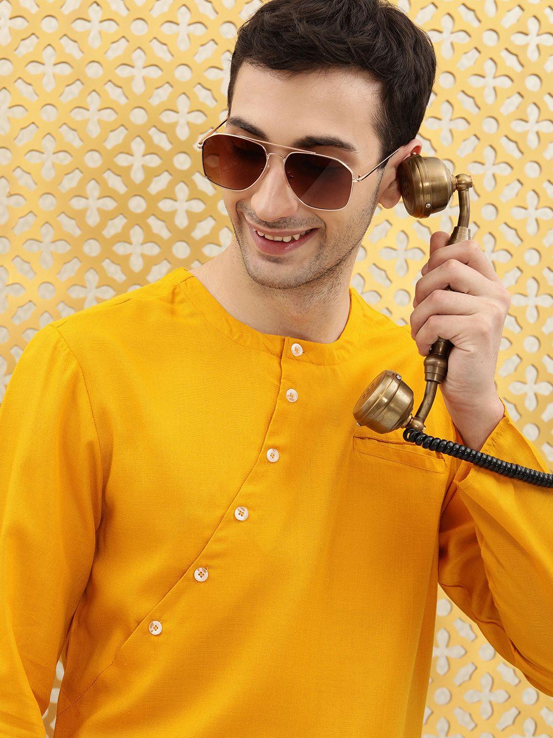 ode by house of pataudi men mustard yellow solid rozana kurta