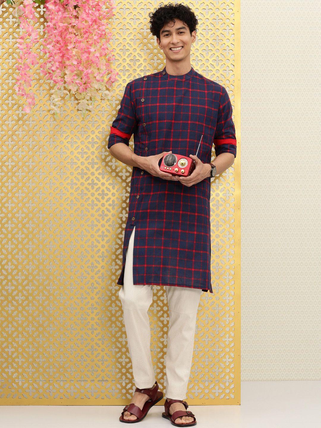 ode by house of pataudi men navy blue & red checked pure cotton rozana kurta