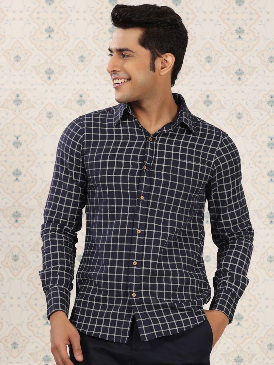 ode by house of pataudi men navy blue comfort grid tattersall checks opaque checked casual shirt