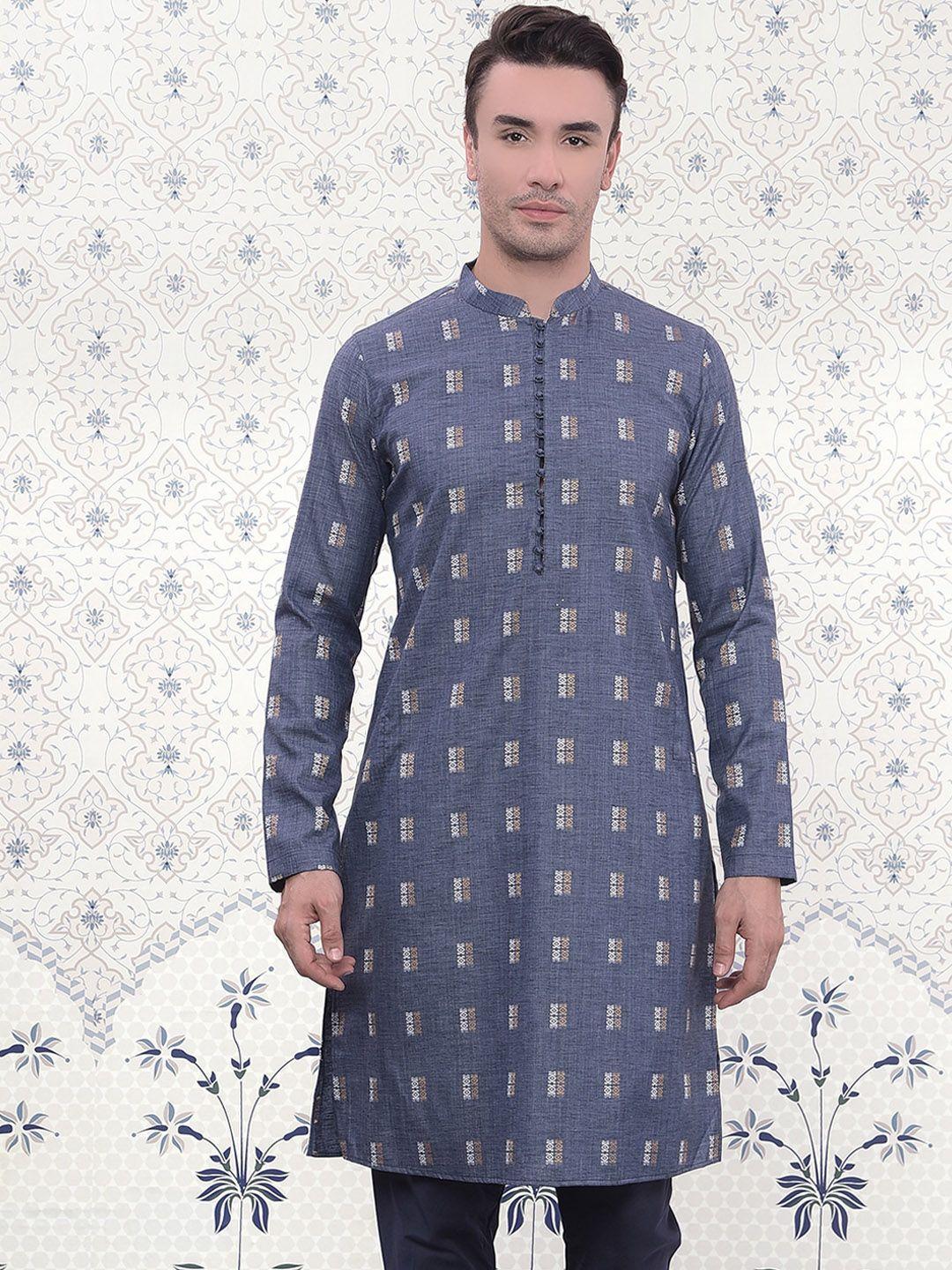 ode by house of pataudi men navy blue geometric striped flared sleeves thread work jacquard kurta