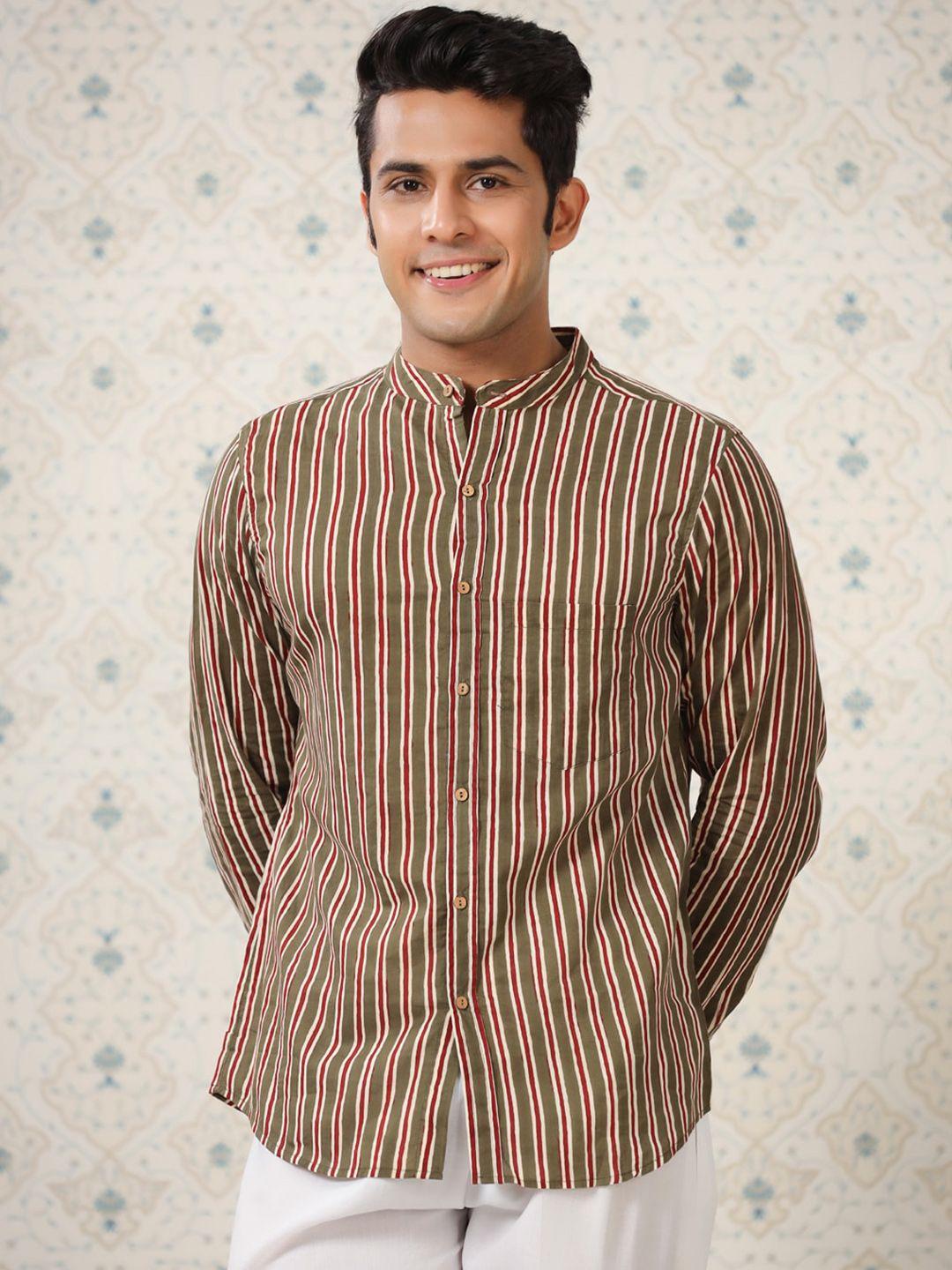 ode by house of pataudi men olive green comfort opaque striped casual shirt