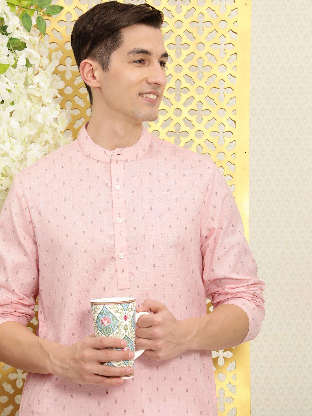 ode by house of pataudi men pink & white ethnic motifs printed kurta with trousers