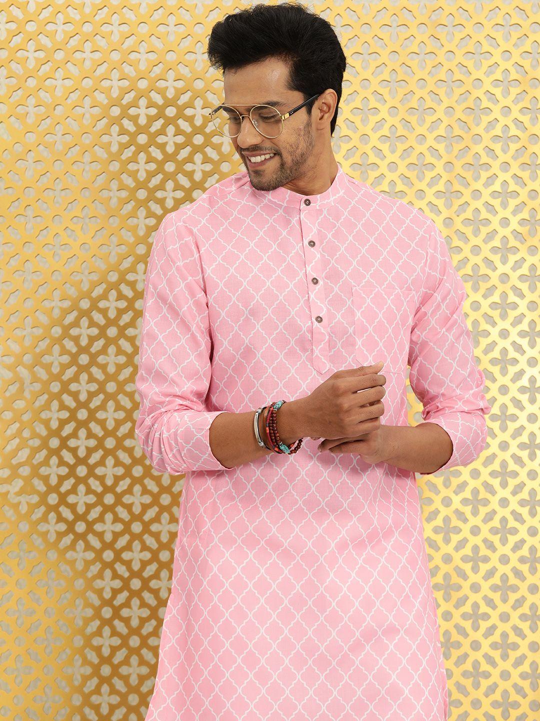 ode by house of pataudi men pink & white ethnic motifs printed kurta