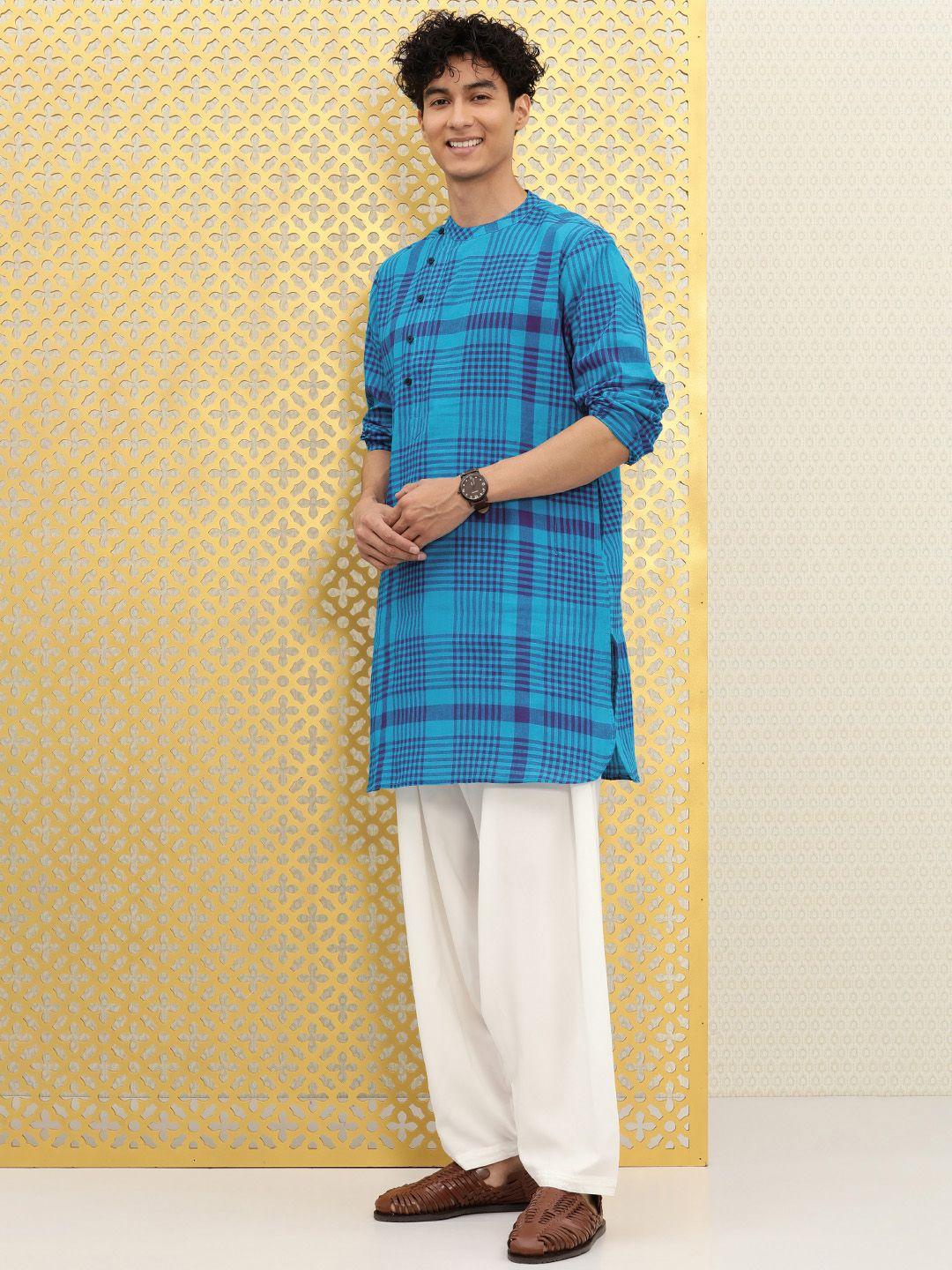 ode by house of pataudi men rozana blue angrakha pure cotton kurta with harem pants