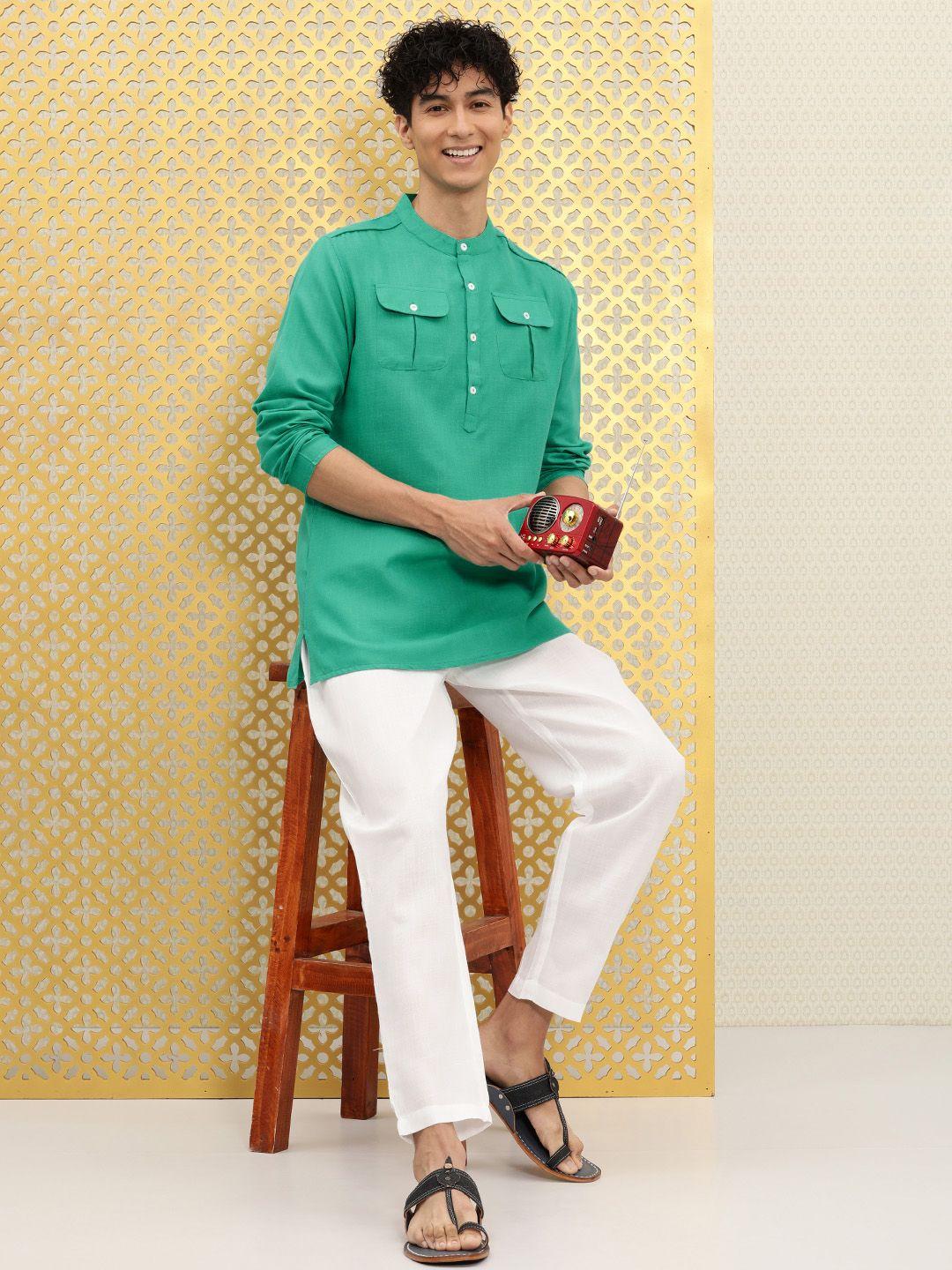 ode by house of pataudi men teal green solid kurta with white solid trousers