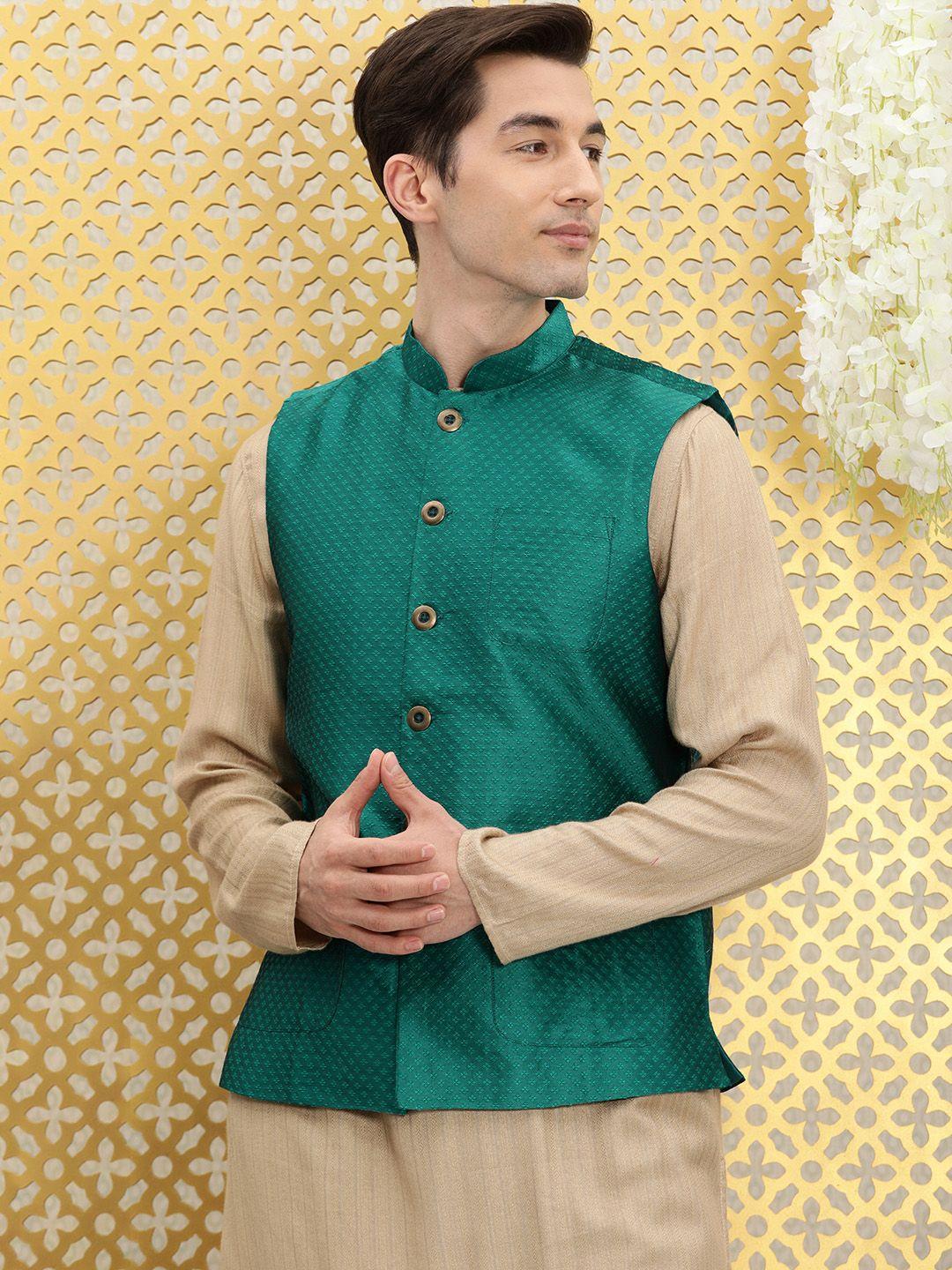 ode by house of pataudi men teal green woven design nehru jacket