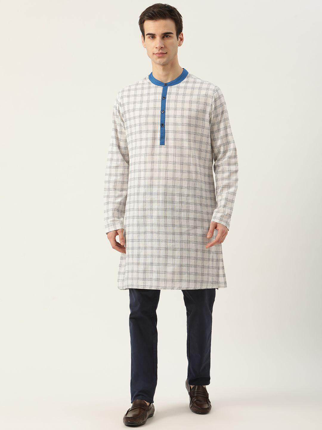 ode by house of pataudi men white & black cotton checked straight rozana kurta