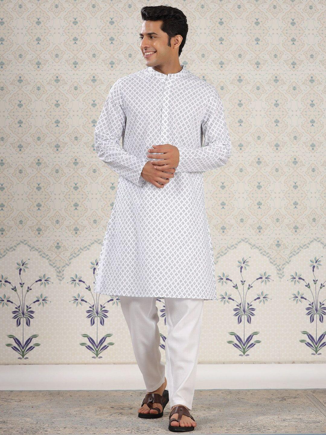ode by house of pataudi men white ethnic motifs printed regular pure cotton kurta with pyjamas