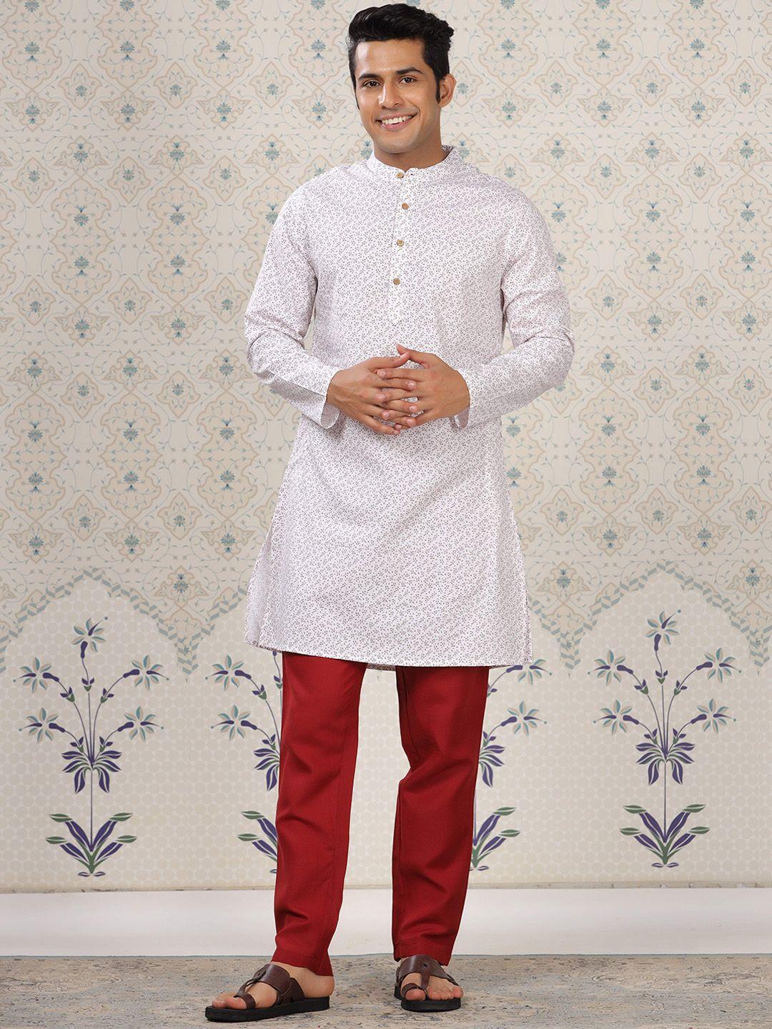 ode by house of pataudi men white ethnic motifs printed regular pure cotton kurta with pyjamas