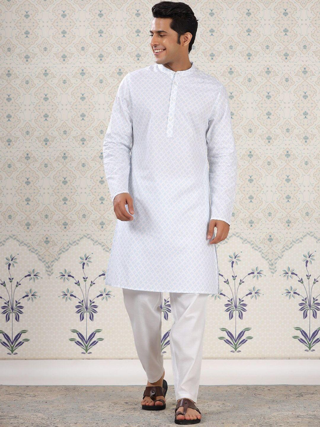 ode by house of pataudi men white ethnic motifs printed regular pure cotton kurta with pyjamas