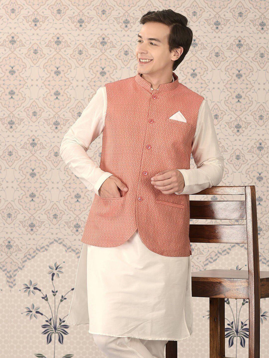 ode by house of pataudi men white regular kurta with churidar & nehru jacket